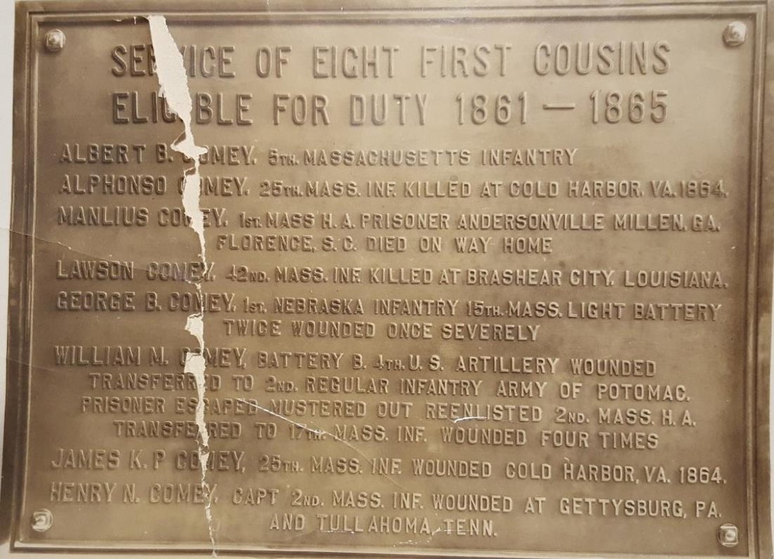 Bronze plaque reading: Service of eight first cousins eligible for duty 1861-1865
