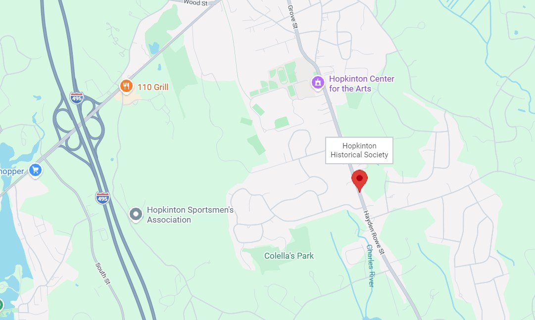 Map showing the Hopkinton Historical Society's location at 168 Hayden Rowe Street, Hopkinton, MA