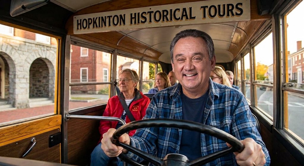 Chuck Joseph smiling behind the wheel of the Hopkinton Historical Tours trolley, with passengers riding along behind him